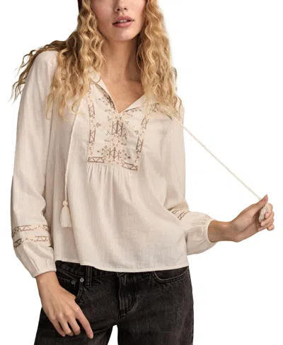 Lucky Brand Women's Embroidered Notch Neck Peasant Top In Neutral