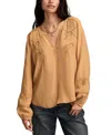 Lucky Brand Schiffli Lace Accent Peasant Top In Brown