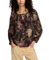 Lucky Brand Floral Print Tie Neck Top In Multi