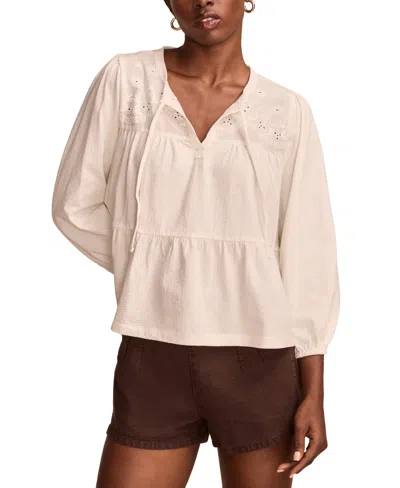 Lucky Brand Women's Embroidered Peasant Top In Whisper White