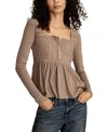 Lucky Brand Embroidered Long Sleeve Peplum Top In Brown