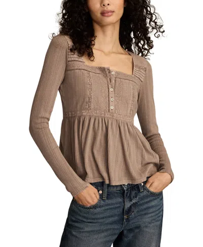 Lucky Brand Embroidered Long Sleeve Peplum Top In Brown