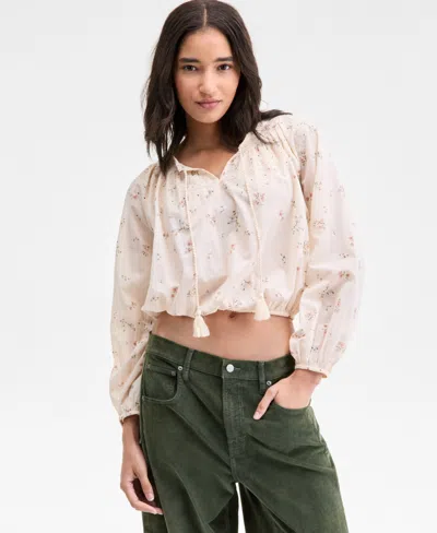 Lucky Brand Women's Embroidered Smocked Peasant Top In Neutral