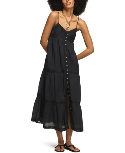 Lucky Brand Women's Embroidered V-neck Tiered Midi Dress In Black