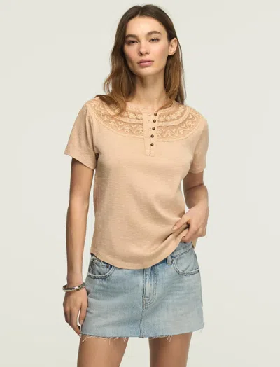 Lucky Brand Women's Embroidered Yoke Henley Tee In Brown