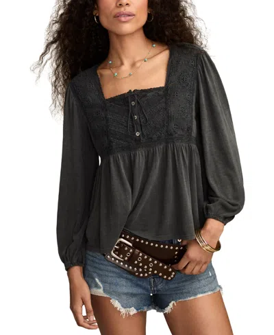 Lucky Brand Women's Embroidered Yoke Square Neck Top In Black