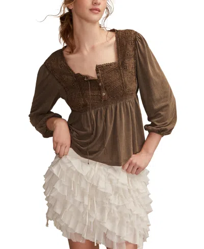 Lucky Brand Women's Embroidered Yoke Square Neck Top In Brown