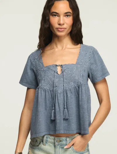 Lucky Brand Women's Short-sleeve Embroidered Yoke Tassel Top In Gray