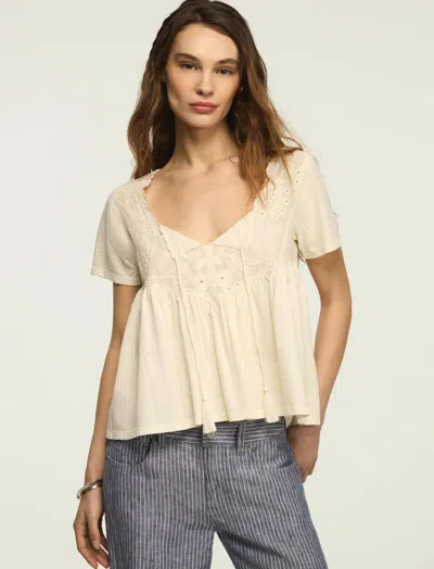 Lucky Brand Women's Embroidered Yoke Tassle Top In White