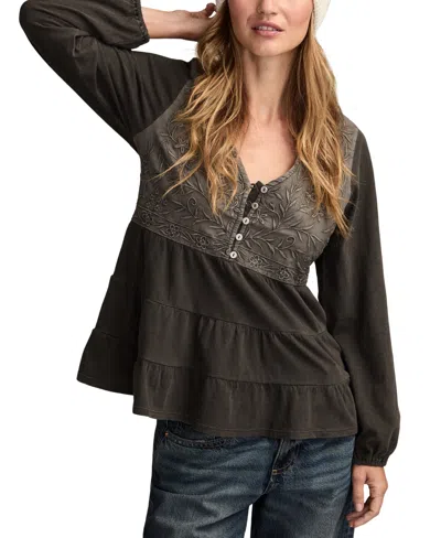 Lucky Brand Women's Embroidered Yoke Tiered Long-sleeve Top In Black