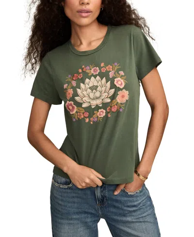 Lucky Brand Embroidered Lotus Cotton Graphic T-shirt In Green