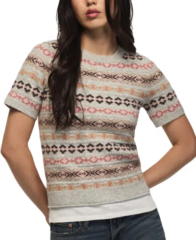 Lucky Brand Women's Fair Isle Crewneck Short-sleeve Sweater In Light Heather Gray