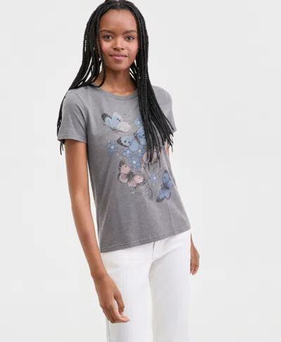 Lucky Brand Women's Floral Butterfly Motif Classic Crewneck T-shirt In Gray
