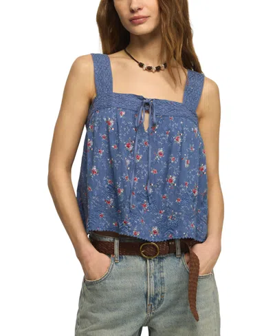 Lucky Brand Women's Floral Embroidered Square Neck Tank Top In Blue