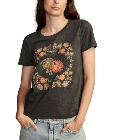 Lucky Brand Women's Floral Embroidery Classic Crewneck T-shirt In Charcoal Heather Grey