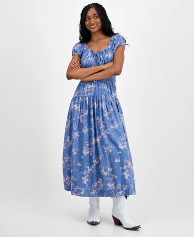 Lucky Brand Women's Floral-print Cinched-waist Midi Dress In Blue
