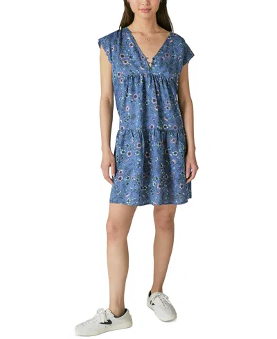 Lucky Brand Floral Tiered Cotton Blend Peasant Dress In Indigo Multi