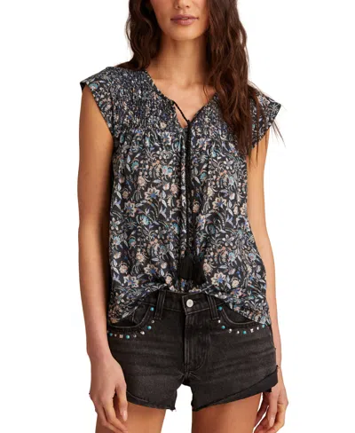 Lucky Brand Women's Floral Smocked Tassel-tie Top In Black