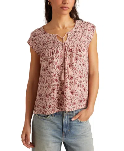 Lucky Brand Women's Floral Smocked Tassel-tie Top In White