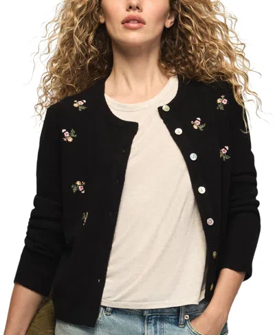 Lucky Brand Women's Floral-embroidered Long-sleeve Cardigan In Black