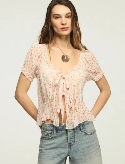 Lucky Brand Ditsy Floral Tie Front Lace Inset Top In Neutral