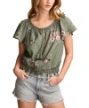 Lucky Brand Floral Flutter Sleeve Cotton Blend Top In Green Floral