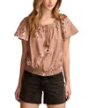 Lucky Brand Floral Flutter Sleeve Cotton Blend Top In Taupe Floral