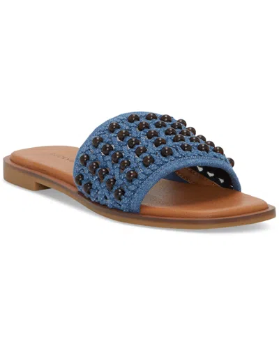 Lucky Brand Women's Gidya Beaded Slide Flat Sandals In Medium Blue,brown Beads