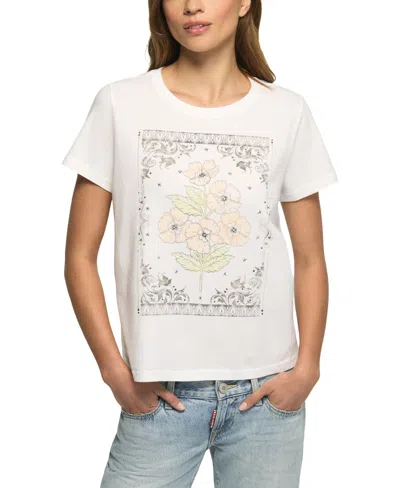 Lucky Brand Women's Heart Frame Floral Classic Crew T-shirt In White