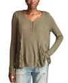 Shop Lucky Brand Women's Henley V-neck Lace-godet Swing Top In Olive