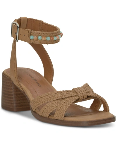 Lucky Brand Women's Jathan Beaded Ankle-strap Block-heel Sandals In Sandstorm Leather