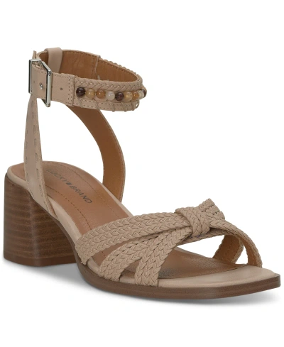 Lucky Brand Women's Jathan Beaded Ankle-strap Block-heel Sandals In Smoke Grey Leather