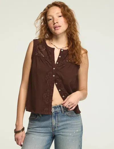 Lucky Brand Women's Lace Button Through Swing Tank In Brown