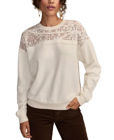 Lucky Brand Floral Lace Inset Cotton Top In White
