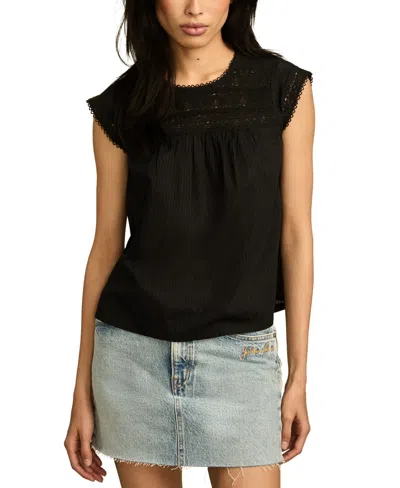 Lucky Brand Women's Lace-neck Pintuck Cotton Top In Jet Black