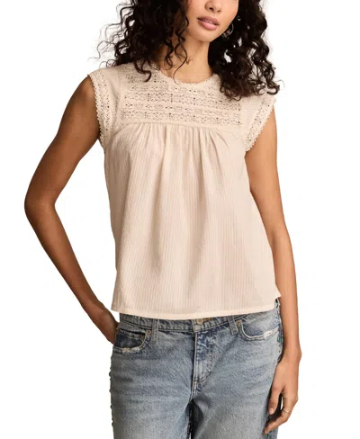 Lucky Brand Women's Lace-neck Pintuck Cotton Top In Tofu