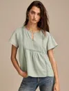 Lucky Brand Pintuck Lace Trim Cotton Peasant Top In Green