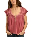 LUCKY BRAND WOMEN'S LACE-TRIM CAP-SLEEVE HENLEY T-SHIRT