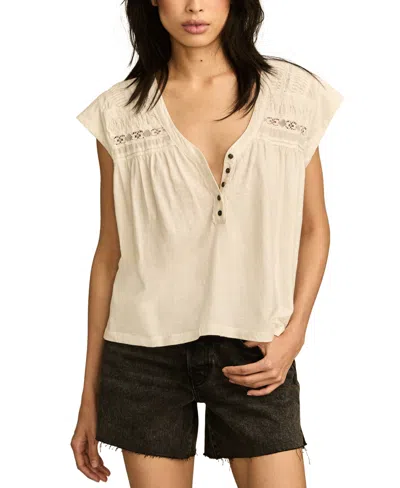 Lucky Brand Women's Lace-trim Cap-sleeve Henley T-shirt In Whisper White