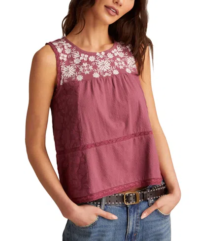 LUCKY BRAND WOMEN'S LACE-TRIM EMBROIDERED COTTON SLEEVELESS TOP