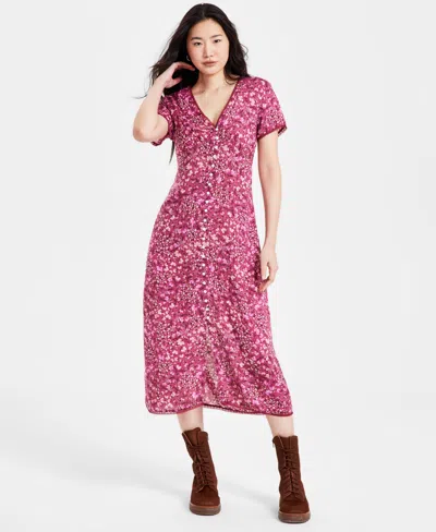 Lucky Brand Women's Lace-trim Floral Midi Dress In Berry Multi