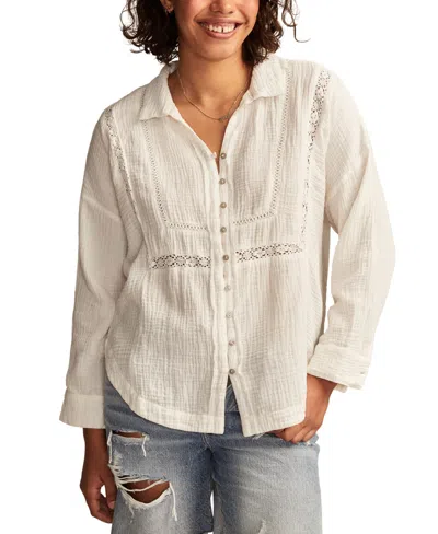 Lucky Brand Women's Lace-trim Gauze Shirt In Whisper White
