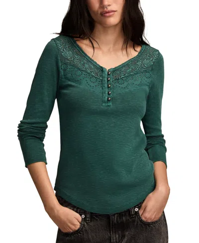 Lucky Brand Women's Lace-yoke Henley Top In Green