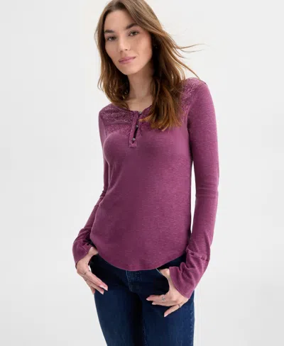 Lucky Brand Women's Lace-yoke Long-sleeve Henley Top In Purple