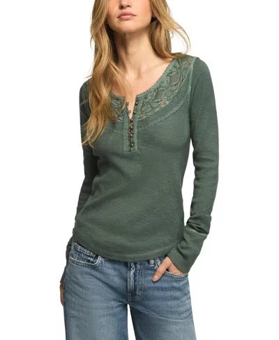 Lucky Brand Women's Lace Yoke Long-sleeve Henley In Green