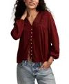 Lucky Brand Lace Yoke Peasant Top In Red
