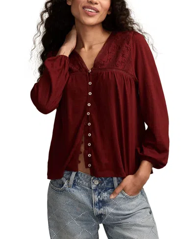 Lucky Brand Lace Yoke Peasant Top In Red