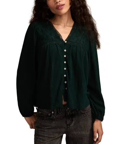 Lucky Brand Women's Lace Yoke Peasant V-neck Top In Green