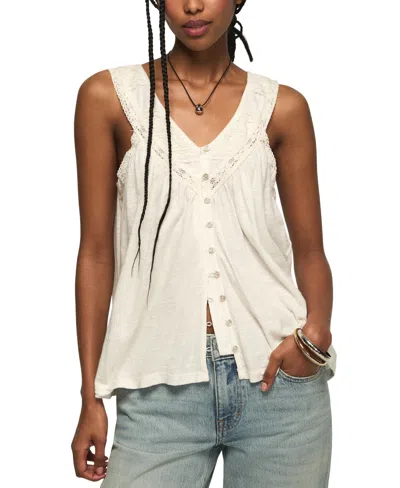 Lucky Brand Women's Lace Yoke V-neck Top In White