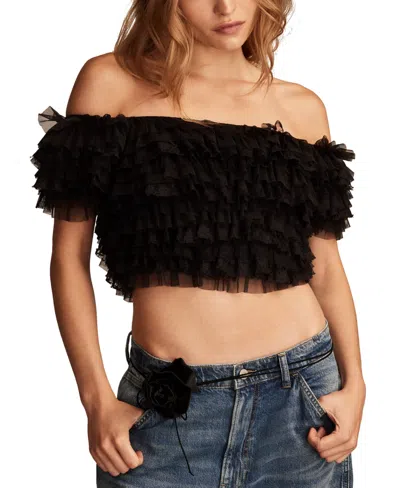 Lucky Brand Women's Layered Off-the-shoulder Mesh Party Top In Meteorite